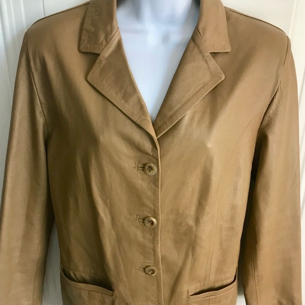Vtg Women’s 44 10-12 Made in Italy Vera Pelle Tan Leather 4-Button Jacket in EUC - Picture 5 of 16